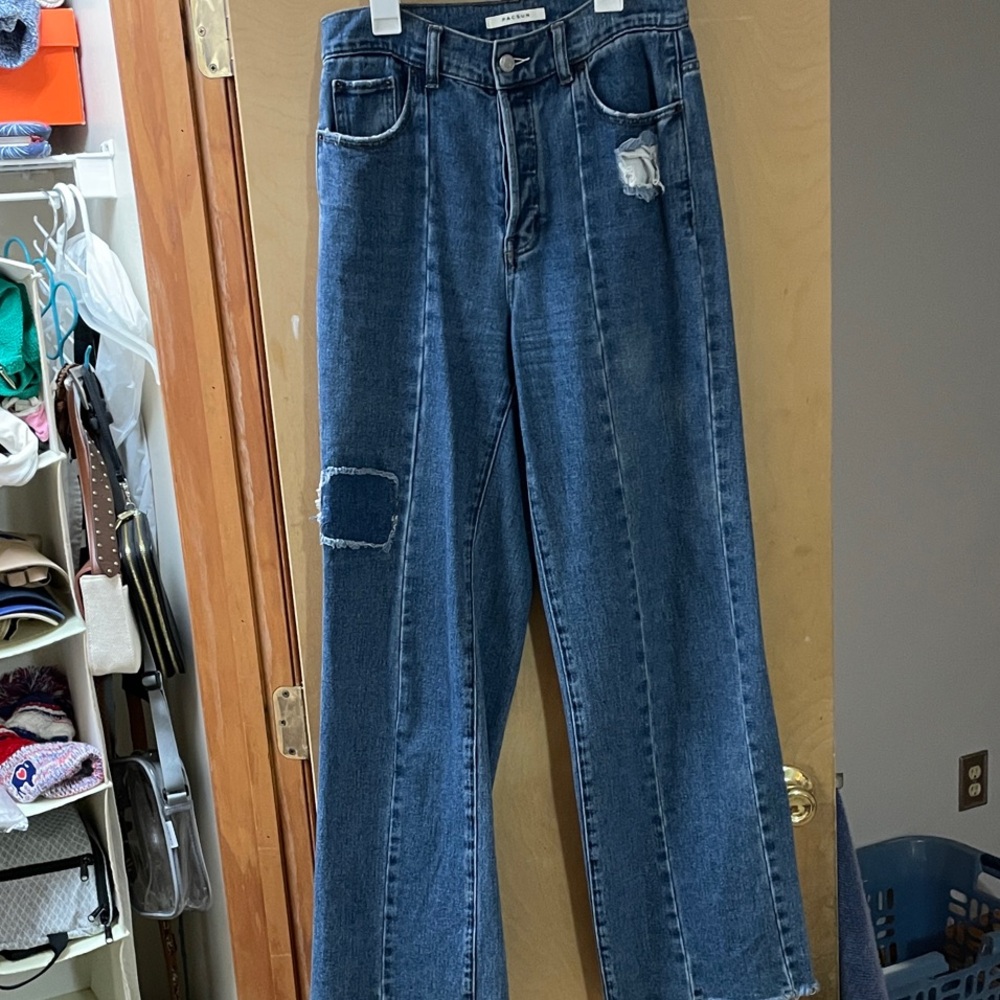 PacSun Dark Blue Flare Jeans with Distressed Details